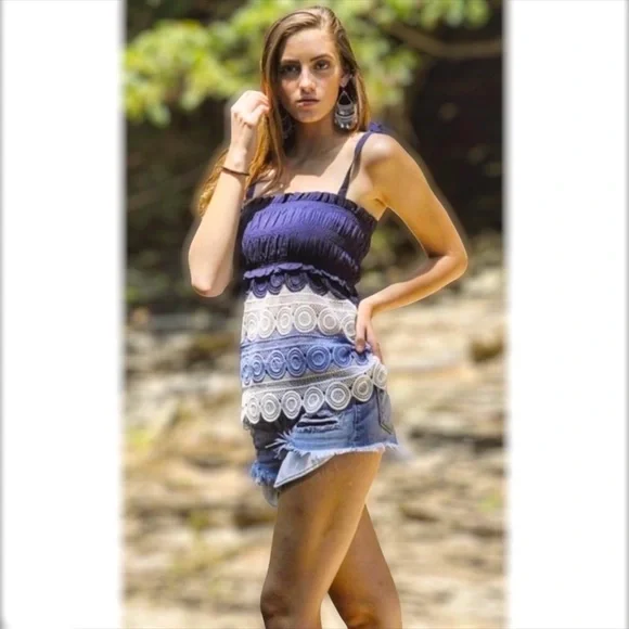 Lulumari Blue & Cream Bow Tie Strap Crochet Lace Top - Picture 4 of 9